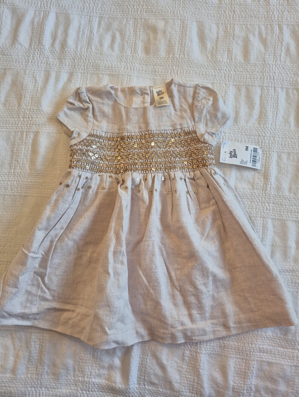 Oshkosh B'gosh baby dress 9 months oatmeal with gold sequins gold stitching NWT